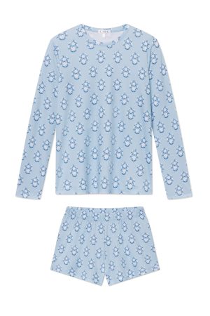 11 Pima Cotton Crew Neck Long Sleeve Top & Short Set in French Blue Cottage Floral Print