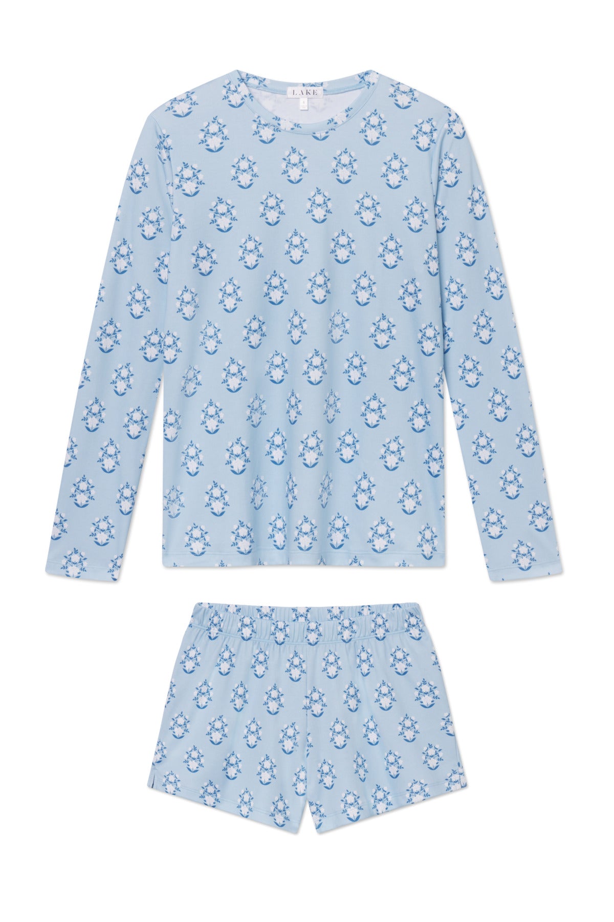 11 Pima Cotton Crew Neck Long Sleeve Top & Short Set in French Blue Cottage Floral Print