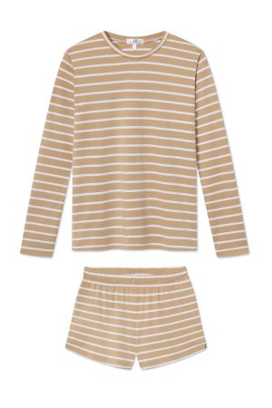 11 Brand Pima Cotton Crew Neck Long Sleeve Top & Short Set in Sandstone Anchor Stripe