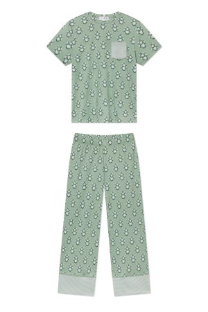 11 Pima Cotton Wide Leg Pajama Set in Granite Green Cottage Floral Print