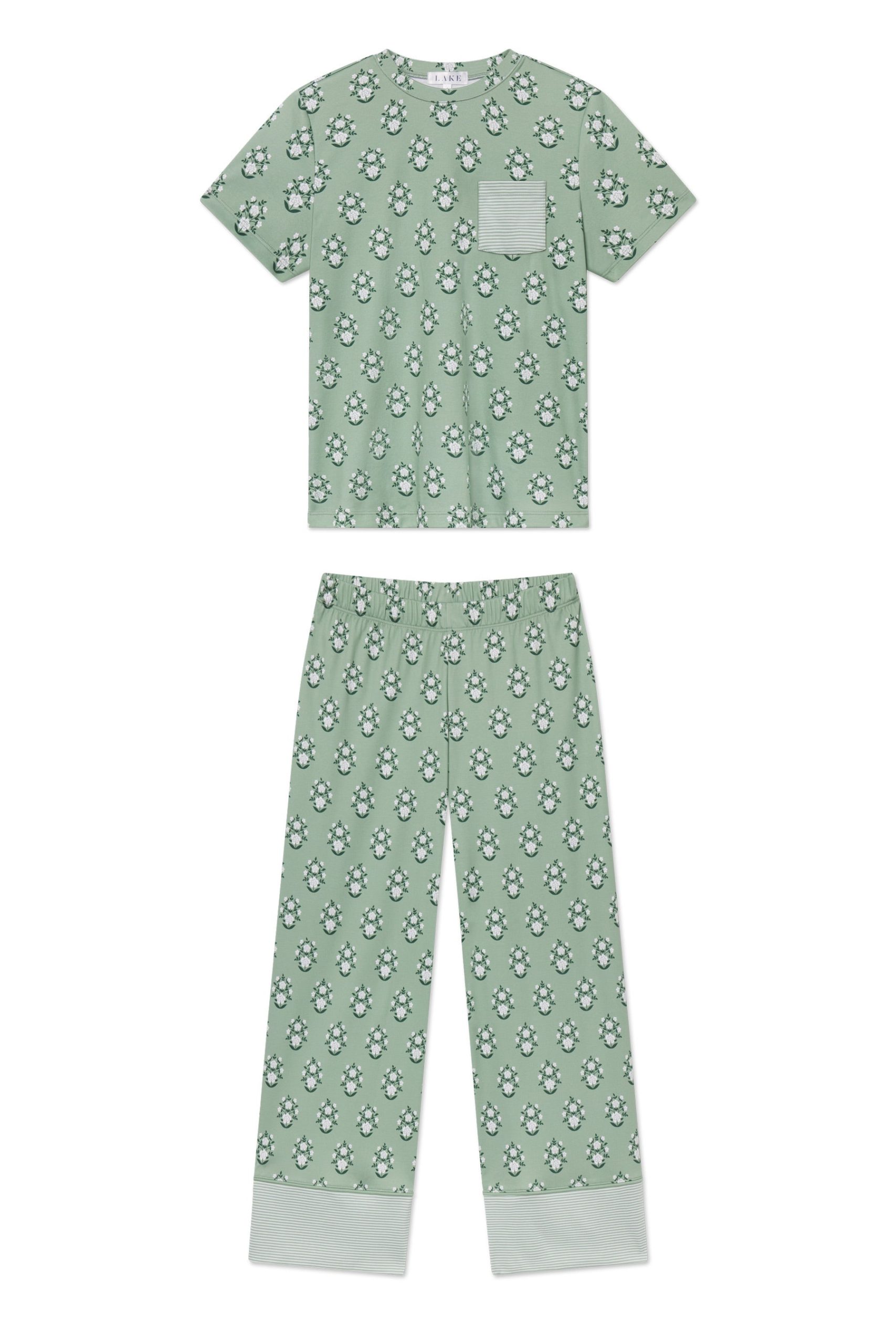 11 Pima Cotton Wide Leg Pajama Set in Granite Green Cottage Floral Print