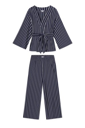 DreamModal™ Kimono Pajama Set – English Navy Vertical Stripe Lounge Set for Women