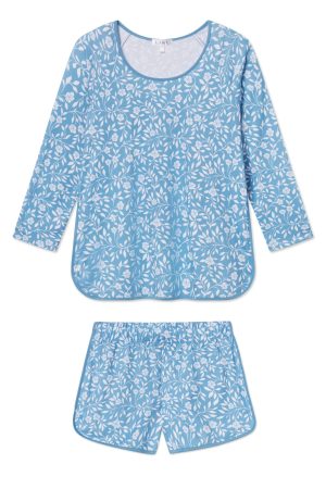 11 Pima Cotton Long Sleeve Top & Short Set in Serene Blue with Cecil Floral Print