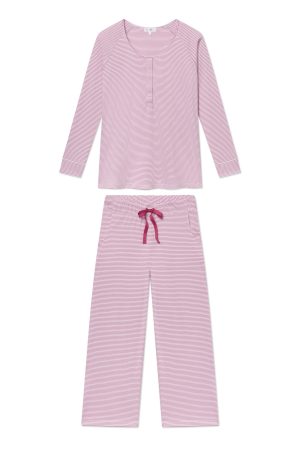 11 Pima Maternity Wide Leg Pajama Set in Camellia Stripe - Soft Organic Cotton Pregnancy Sleepwear