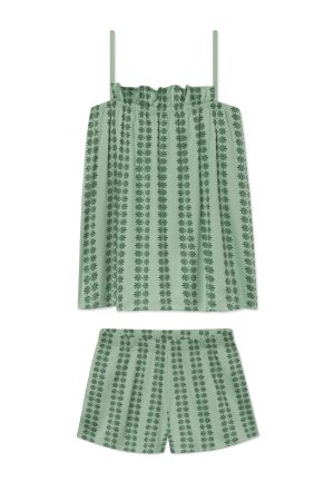 11 Brand Pima Cotton Ruffle Shorts Set in Granite Green Trellis Pattern