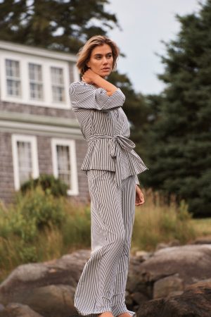 DreamModal™ Black Kimono Pajama Set – Soft Modal Blend Matching Lounge Set with Pencil Stripe Design