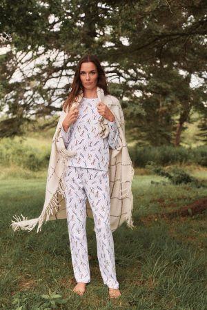 11 Pima Cotton Crew Neck Long Sleeve Matching Set - Vintage Ski Print Loungewear