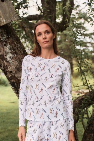 11 Pima Cotton Crew Neck Long Sleeve Matching Set - Vintage Ski Print Loungewear