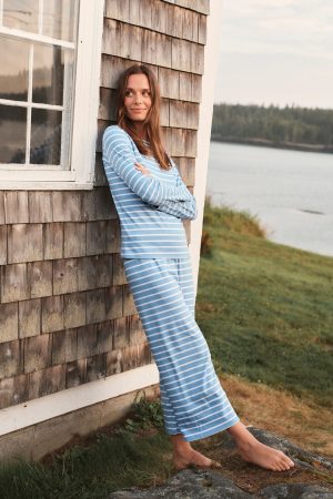 11 Pima Cotton Long Sleeve Crew Neck Pajama Set - Serene Blue Anchor Stripe Wide Leg Matching Set