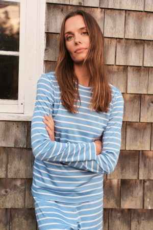11 Pima Cotton Long Sleeve Crew Neck Pajama Set - Serene Blue Anchor Stripe Wide Leg Matching Set