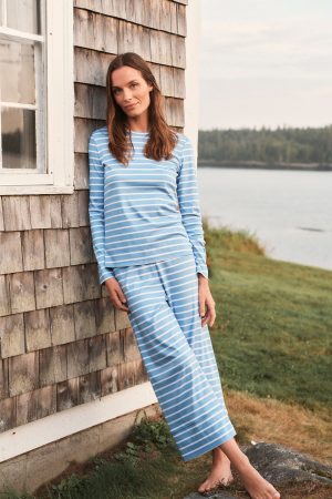 11 Pima Cotton Long Sleeve Crew Neck Pajama Set - Serene Blue Anchor Stripe Wide Leg Matching Set