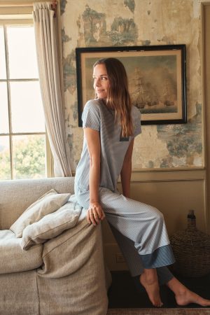 11 Pima Cotton Wide Leg Pajama Set – English Navy Stripe Crew Neck Matching Sleepwear