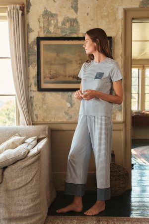 11 Pima Cotton Wide Leg Pajama Set – English Navy Stripe Crew Neck Matching Sleepwear
