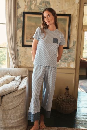 11 Pima Cotton Wide Leg Pajama Set – English Navy Stripe Crew Neck Matching Sleepwear