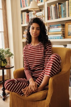 11 Pima Cotton Crew Neck Long Sleeve Matching Set in Burgundy Anchor Stripe