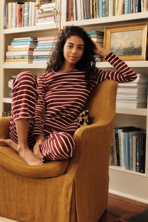 11 Pima Cotton Crew Neck Long Sleeve Matching Set in Burgundy Anchor Stripe