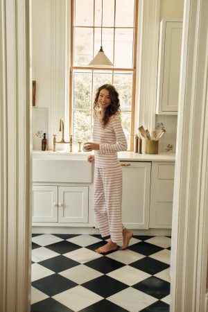11 Brand Pima Cotton Long Sleeve Pajama Set - Wide Leg Sleepwear in Light Camellia Triple Stripe