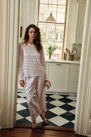 11 Brand Pima Cotton Long Sleeve Pajama Set - Wide Leg Sleepwear in Light Camellia Triple Stripe