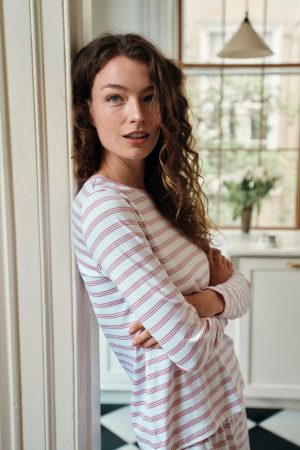 11 Brand Pima Cotton Long Sleeve Pajama Set - Wide Leg Sleepwear in Light Camellia Triple Stripe