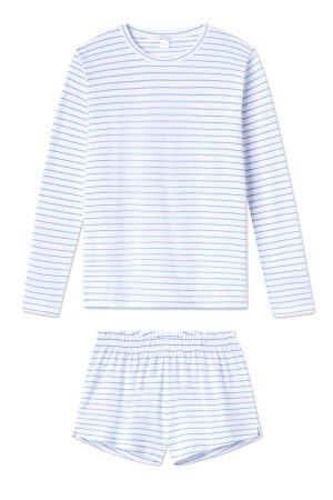 11 Pima Crew Long-Short Set in Baltic Blue - Soft Organic Cotton Sleepwear