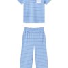 11 Pima Cotton Wide Leg Crew Pajama Set in Mixed Baltic Blue Stripe | Soft Luxury Sleepwear