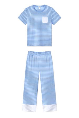 11 Pima Cotton Wide Leg Crew Pajama Set in Mixed Baltic Blue Stripe | Soft Luxury Sleepwear