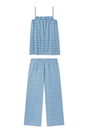 11 Brand Pima Cotton Ruffle Pants Set in Serene Blue Boating Stripe