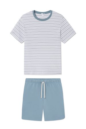 11 Men's Pima Cotton Sleep Shorts Set in Marlin Blue Nautical Stripe | Soft Breathable Loungewear for Men