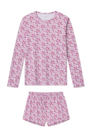 11 Pima Crew Long-Short Set in Dahlia Garden Floral Print - Soft Cotton Sleepwear for Women