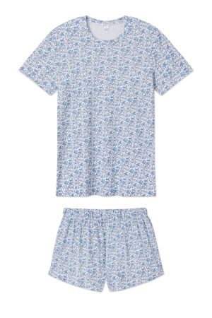 11 Pima Cotton Crew Neck Short Set in Delft Blue Garden Floral Print