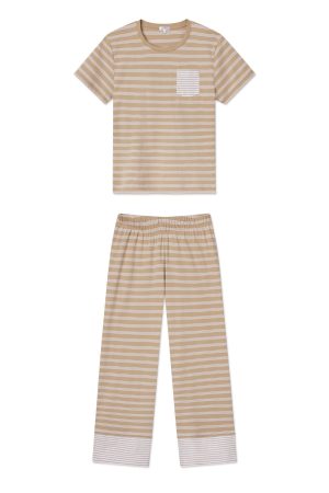 11 Pima Crew Wide Leg Pajama Set in Sandstone Mixed Stripe - Soft Luxury Sleepwear