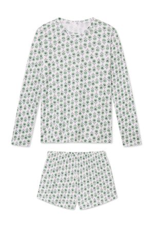 11 Pima Cotton Crew Neck Long Sleeve Top & Short Set in Field Green Sprig