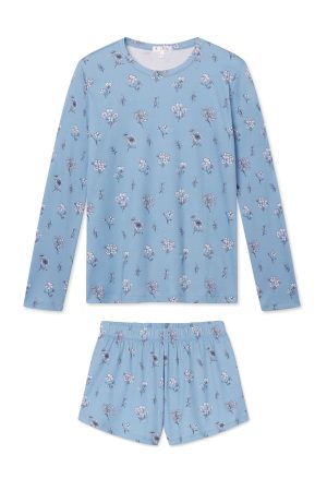 11 Pima Cotton Crew Neck Long Sleeve Top & Short Set in Serene Blue with Adeline Floral Print