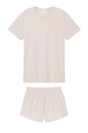 11 Brand Pima Cotton Crew Shorts Set in Oat Heather Rowing Stripe | Soft Lounge Wear