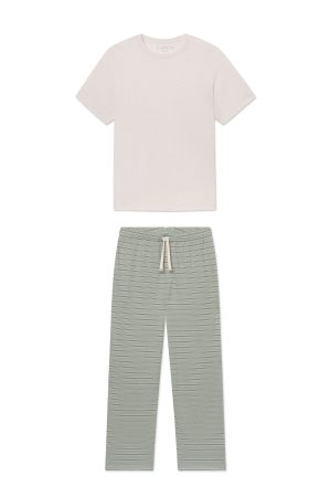 11 Men's Pima Cotton Sleep Set – Smoke Green Striped Short & Long Sleeve Pajama Set