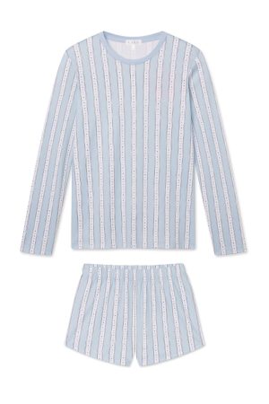 11 Pima Crew Long-Short Set in French Blue Love Stripe - Soft Organic Cotton Sleepwear