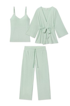 11 Maternity DreamModal Kimono Three-Piece Set – Parisian Green Pencil Stripe (Soft Modal Blend)