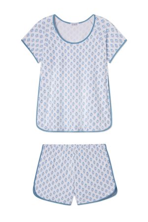 11 Brand Pima Cotton Shorts Set in Serene Blue Posy - Soft Comfortable Lounge Wear