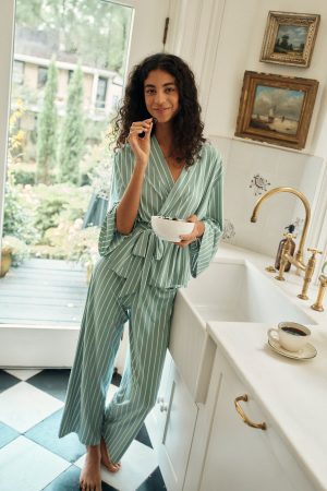 DreamModal™ Boxwood Vertical Stripe Kimono Pajama Set by 11 | Luxe Modal Sleepwear