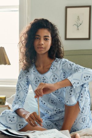 11 Pima Cotton Long Sleeve Matching Set in Serene Blue Wreath Print