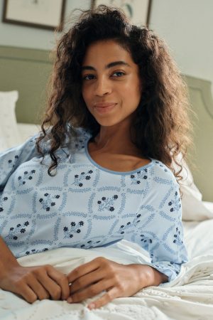 11 Pima Cotton Long Sleeve Matching Set in Serene Blue Wreath Print