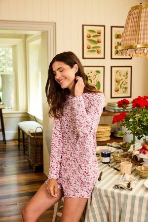 11 Pima Crew Long-Short Set in Dahlia Garden Floral Print - Soft Cotton Sleepwear for Women