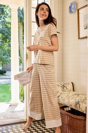 11 Pima Crew Wide Leg Pajama Set in Sandstone Mixed Stripe - Soft Luxury Sleepwear