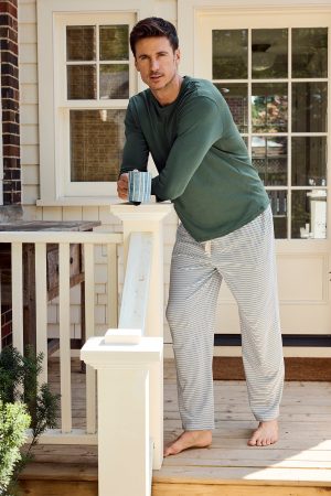 Men's Pima Cotton Sleep Pants – Soft Ivy Bar Stripe Lounge Pants by Brand 11