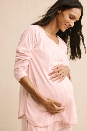 11 Pima Maternity Long Sleeve Top & Matching Bottom Set in English Rose Stripe