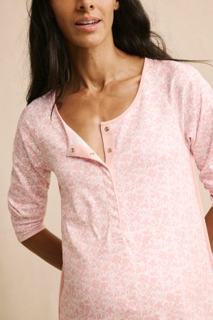 11 Brand Pima Maternity Long Sleeve Nightgown - English Rose Garden Floral Print Comfortable Pregnancy Gown