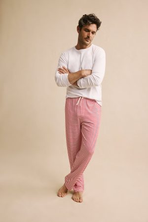 11 Men's Pima Cotton Long Sleeve Sleep Set – Classic Red Voyager Stripe Pajama Set
