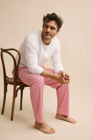 11 Men's Pima Cotton Long Sleeve Sleep Set – Classic Red Voyager Stripe Pajama Set