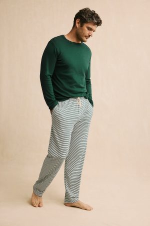11 Men's Pima Cotton Sleep Set – Long Sleeve Top & Pants in Conifer Bar Stripe