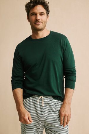 11 Men's Pima Cotton Sleep Set – Long Sleeve Top & Pants in Conifer Bar Stripe